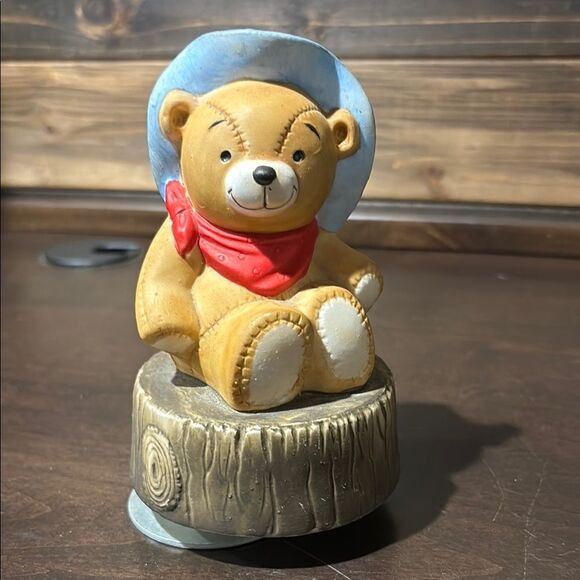 Vintage Charming Teddy Bear Figurine Blue Hat and Red Scarf Moving Music Box - Picture 1 of 7